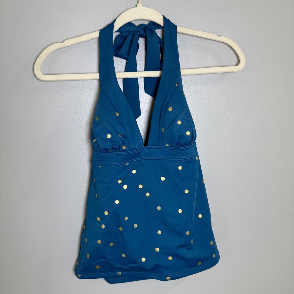 Boden Teal Blue Gold Polka Dot Halter Tankini Top S0069 Womens US 6 UK 10